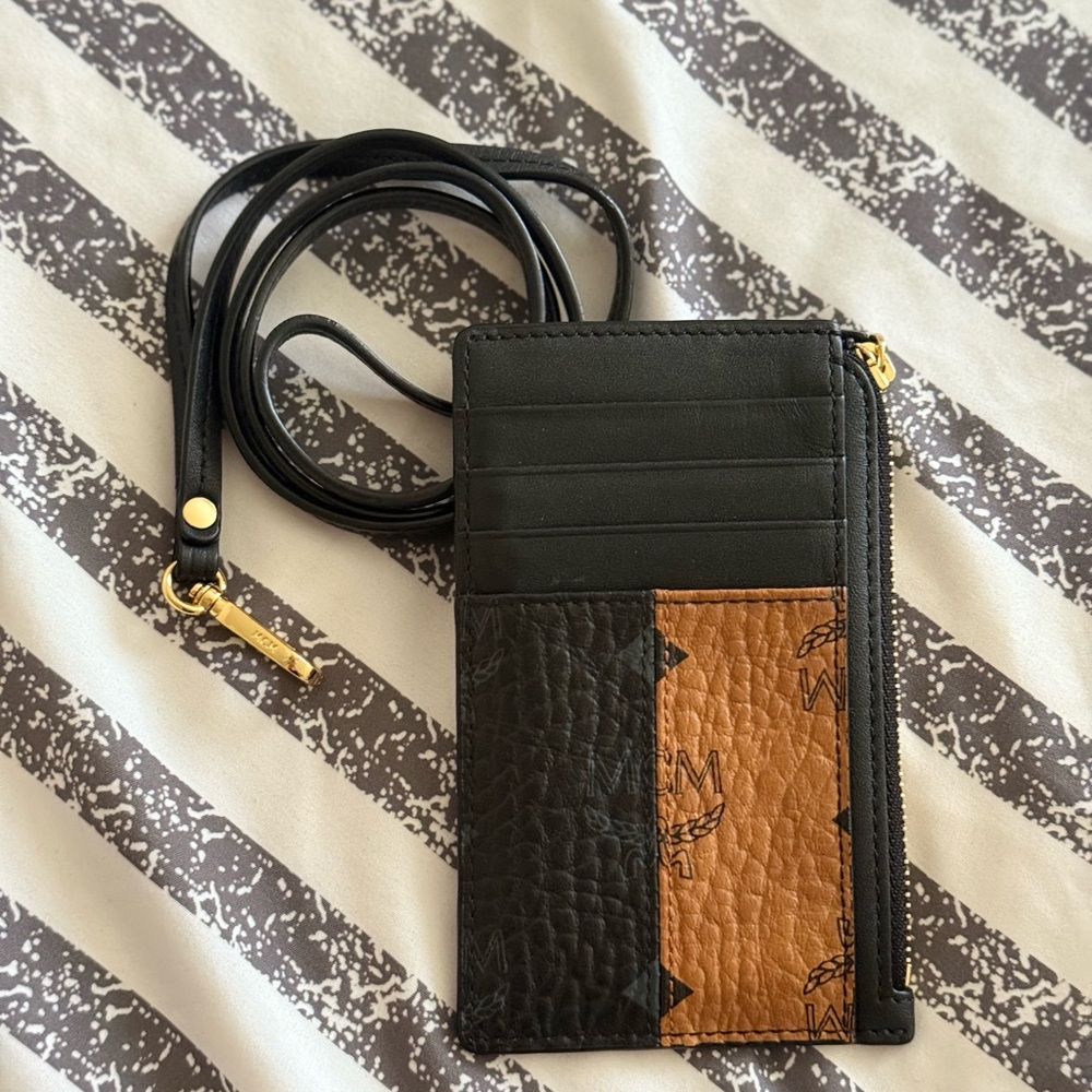 MCM Black &Cognac Visetos Card Wallet Lanyard
